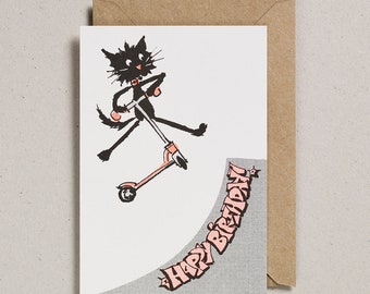 Funny Cat on Scooter Birthday Card, Risograph Print