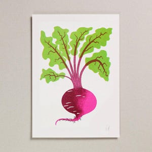 Op de afbeelding: Een levendige illustratie van een biet op een witte achtergrond. De biet wordt afgebeeld met een diep magenta knol, groene bladeren en magenta stelen. Het kunstwerk heeft een strakke, grafische stijl, perfect voor keuken- of tuindecoratie.