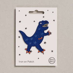 Blue Dinosaur Iron on Embrodiered Fabric Patch For Customising kids Clothing.