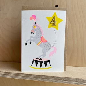 Riso Pets Card - Biglietto di auguri per il 4° compleanno del cavallo da circo