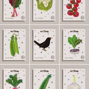 Può includere: Una collezione di nove toppe termoadesive individuali esposte su cartoncini bianchi con motivi a stelle nere. Le toppe ricamate raffigurano varie verdure tra cui bietole, cavolfiore, pomodori, piselli, un merlo, una rapa, un ravanello e aglio.