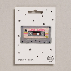 Love Songs Cassette Tape Iron on Patch for Customising and Upcycling Clothes and Accessories.