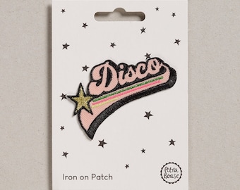 Parche de tela termoadhesivo con palabra disco retro para personalizar ropa.