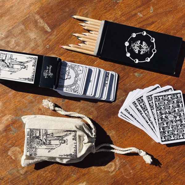 Color Your Own Tarot Deck ~ Rider Waite 78 Card Coloring Kit ~ Witchcraft Gift Set with Pencils