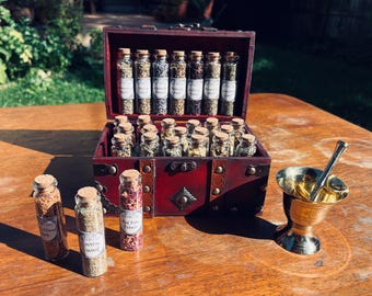 Witchcraft Apothecary w/ Mortar and Pestle ~ Herbs Glass Bottles ~ Book of Shadows Journal ~ Wiccan Pagan Altar Supplies for Potion Making