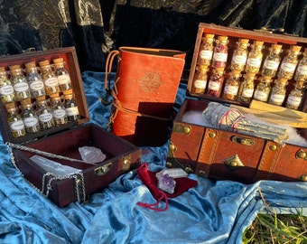 Witchcraft Kit deluxe box + travel essentials ~ wiccan altar kit ~ witch apothecary w/ wand crystals potions ~ book of shadows wooden box