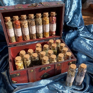 WITCHCRAFT APOTHECARY ~ Witch's herb cabinet w unique herbs roots berries flowers in wooden box wiccan apothecary herbs pagan ritual kit