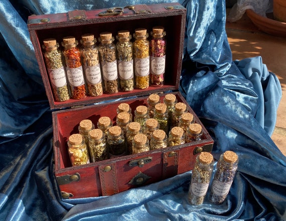 WITCHCRAFT APOTHECARY Witch's Herb Cabinet W Unique Herbs Roots Berries  Flowers in Wooden Box Wiccan Apothecary Herbs Pagan Ritual Kit 