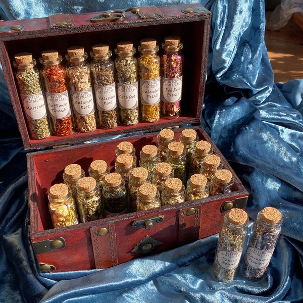 WITCHCRAFT APOTHECARY ~ Witch's herb cabinet w unique herbs roots berries flowers in wooden box wiccan apothecary herbs pagan ritual kit