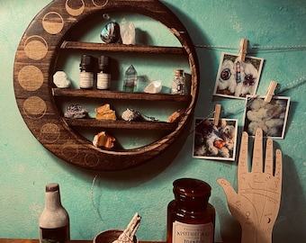 Moon Crystal Shelf • Crescent Moon Phase Display Shelf • Wooden Witchy Decor • Crystal Holder for Altar or Home