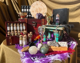 Witchcraft Starter Kit ~ Wiccan Altar Supplies ~ Crystals Herbs Apothecary ~ Book of shadows spells ~ potions witch box