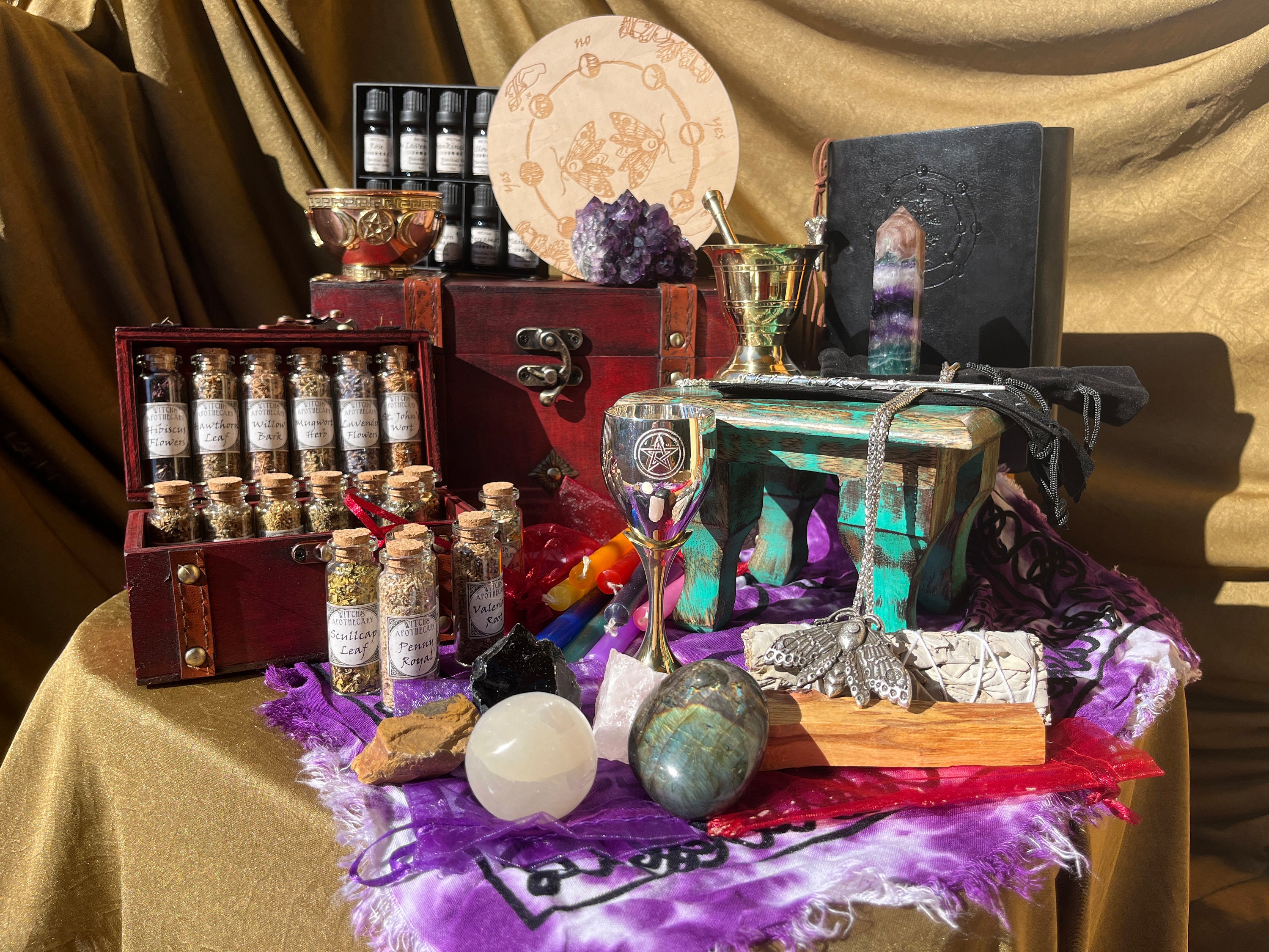 Witchcraft KIT- a Vintage Box Include Herbs Set & Brass Wand & Crystal Set  with Book of Shadows(Wicca Altar Supplies)