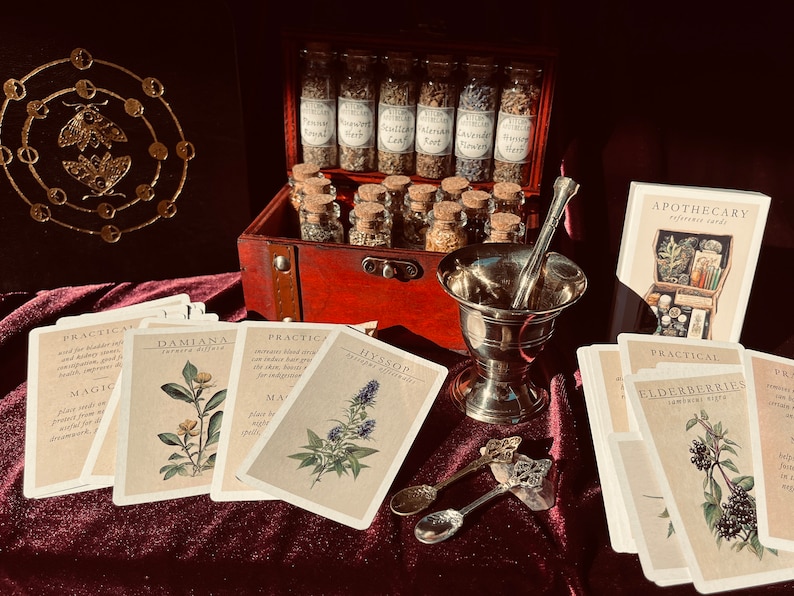 Witchcraft Apothecary W/ Mortar and Pestle Herbs Glass Bottles Book