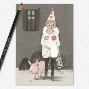 Boy with piglet Postcard child childhood festive party hat piggy A6 image 2