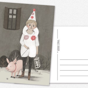 Boy with piglet Postcard child childhood festive party hat piggy A6 image 1