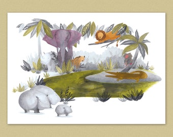 Savanna puddle illustration - art print - A4 - nursery - animals - hippo - elephant - lion