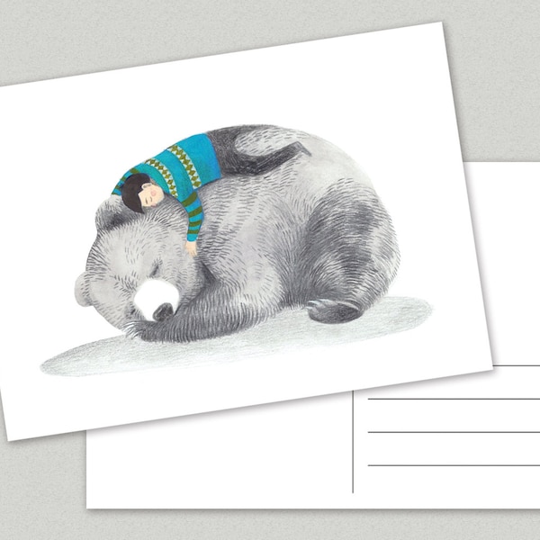 Bear Hug Postcard - illustration - bears - boy - cuddle - love - A6