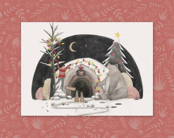 Cartes de Noël Boy & Bear - Lot de 3 ou 6 - hiver - décorations - sapin de Noël - carte postale - A6