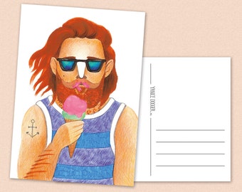 Summer icecream Postcard - illustration - beard - ginger - sunglasses - A6