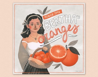 Bertha's oranges - vintage - fruit label - illustration - art print - 20x20 cm