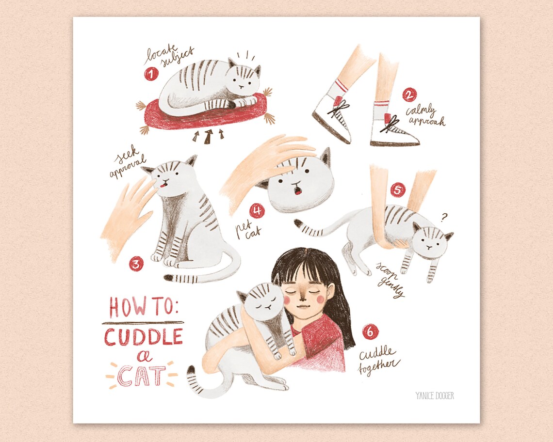 How to Cuddle a Cat Illustration Cat Art Print Cats Etsy