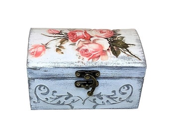 Shabby Chic Decor Box, Decoupage Jewelry Box, Wooden Keepsake Storage Box