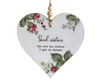 Soul Sister Heart Shaped Wooden Ornament, Keepsake Gift for Best Friend Like a Sister, Bonus Sister Handmade Gift, Small Decorative Heart