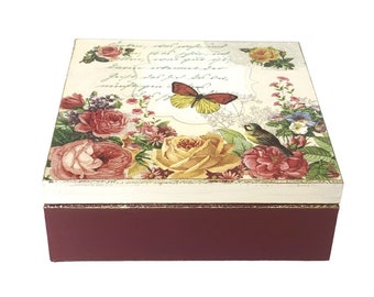 Burgundy Box with Butterfly and Flowers