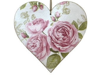 Romantic Pink Roses Floral Heart Decoration, Hanging Heart Shaped Wooden Ornament, Shabby Chic Elegant Home Accessories, Small Keepsake Gift