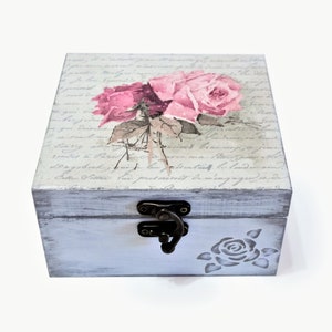 Shabby Chic Decor Box, Decoupage Jewelry Box, Wooden Keepsake Storage Box