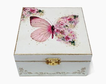 Wooden keepsake storage box, Handmade jewelry box, Wooden butterfly storage box