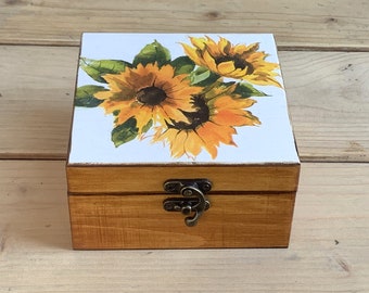 Wooden Storage Decoupage Box Handmade Jewelry Keepsake Box With with motive of Sunflowers Rustic Wood Decoration Home Decor