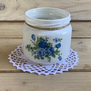 Handmade Glass Candle Holder With Blue Roses, Decoupage Tea Light Glass Jar, Upcycled Frosted Votive Tealight Vase, White Rustic Home Decor