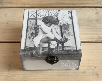 Wooden Trinket Box, Pretty Jewelry Box, Handmade Keepsake Box, Black and White Vintage Storage Box