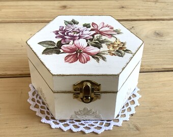 Shabby Chic Decor Box, Decoupage Jewelry Box, Wooden Keepsake Storage Box