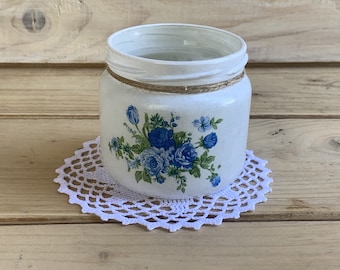 Handmade Glass Candle Holder With Blue Roses, Decoupage Tea Light Glass Jar, Upcycled Frosted Votive Tealight Vase, White Rustic Home Decor