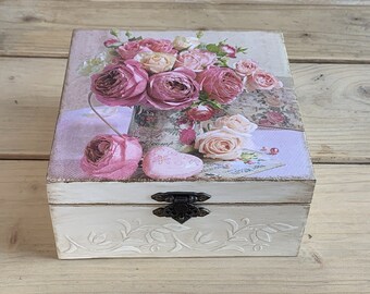 Floral Box for Jewelry, Decoupage Keepsake Box, Floral Box, Decoupage Gift Box for Her