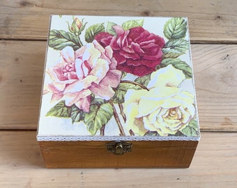 Wooden Storage Decoupage Box Handmade Jewelry Keepsake Box With Roses Rustic Wood Decoration Home Decor