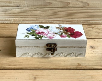 Wooden Jewelry Gift Box Handmade Decoupage Beige Storage Box With Red Flowers For Home Decor