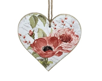 Red Flowers Heart Decoration, Hanging Heart Shaped Wooden Ornament, Shabby Chic Elegant Home Accessories, Small Keepsake Gift