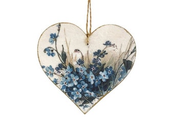 Blue Flowers Heart Decoration, Hanging Heart Shaped Wooden Ornament, Shabby Chic Elegant Home Accessories, Small Keepsake Gift