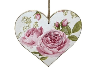 Romantic Pink Roses Floral Heart Decoration, Hanging Heart Shaped Wooden Ornament, Shabby Chic Elegant Home Accessories, Small Keepsake Gift