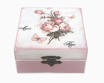Wooden Jewelry  Box Handmade Decoupage Storage Box With Vintage Pink Roses For Home Decor