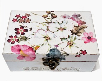 Shabby Chic Wooden Trinket Box, Handmade Jewelry Floral Box, Gift Box for Her