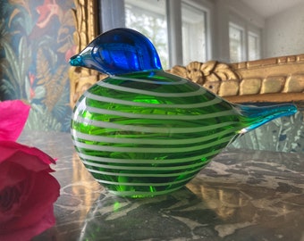 Oiseau bleu vert en verre soufflé à la canne