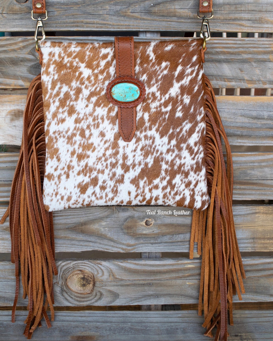 Cowhide fringe purse with Kingman turquoise Blue Etsy