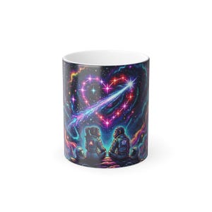 May include: White ceramic coffee mug featuring a vibrant space-themed design. The artwork depicts two astronaut monkeys gazing at a heart-shaped constellation with a shooting star. The background is a colorful nebula.