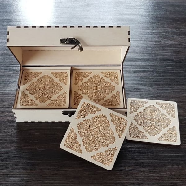 Coasters box + set of coasters. Laser cut files. cdr, ai, svg, dxf. Digital pattern