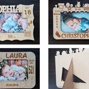 3 Photo frames set. Child metrica. Baby announcement photo frame, birth details Laser cut files. cdr, ai, svg, dxf. Digital pattern. image 1
