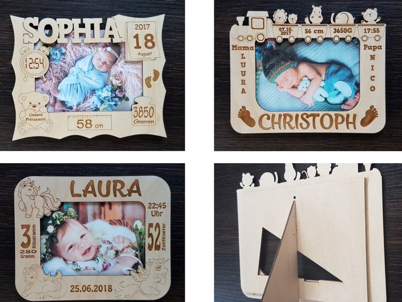 3 Photo frames set. Child metrica. Baby announcement photo frame, birth details Laser cut files. cdr, ai, svg, dxf. Digital pattern. image 1